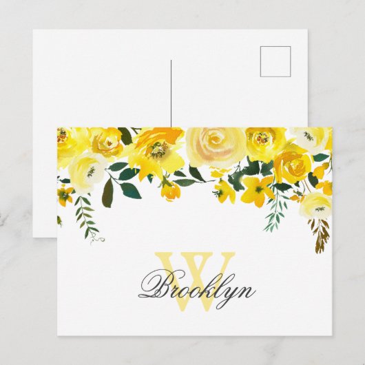 Gele Waterverf Floral Monogrammed Dank u Briefkaart (Voorkant / Achterkant)