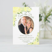 Gele Waterverf Floral Oval Foto Weddenschap Save The Date (Staand voorkant)