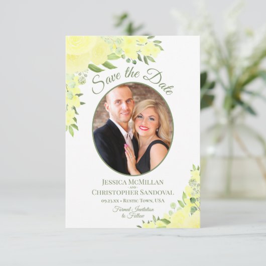 Gele Waterverf Floral Oval Foto Weddenschap Save The Date (Staand voorkant)