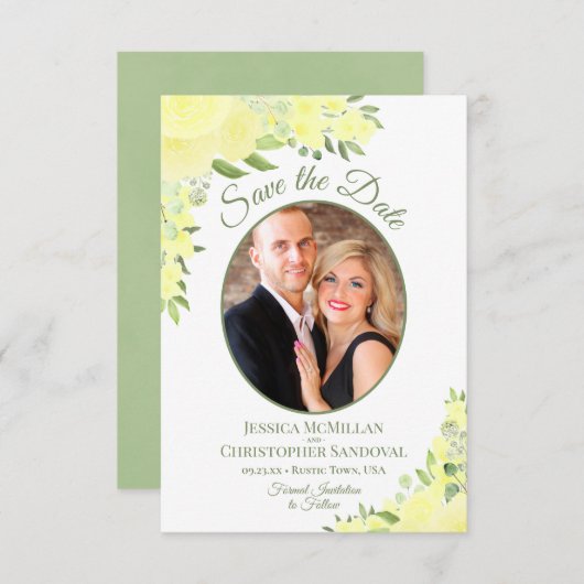 Gele Waterverf Floral Oval Foto Weddenschap Save The Date (Voorkant / Achterkant)