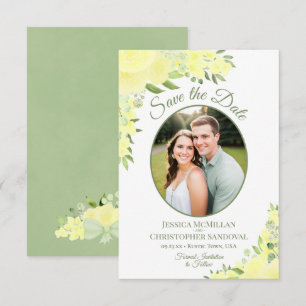 Gele Waterverf Floral Oval Foto Weddenschap Save The Date
