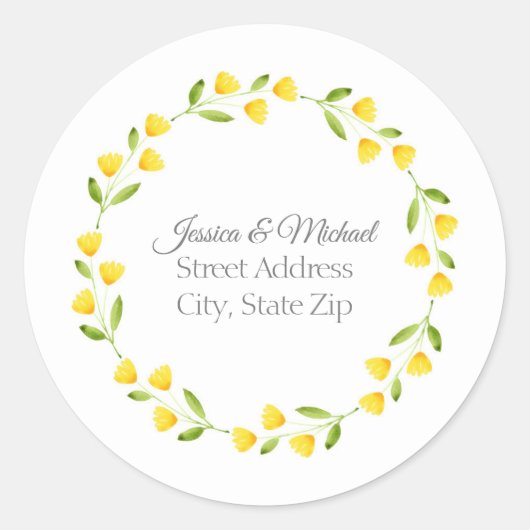 Gele Waterverf Floral Wreath Ronde Sticker (Voorkant)