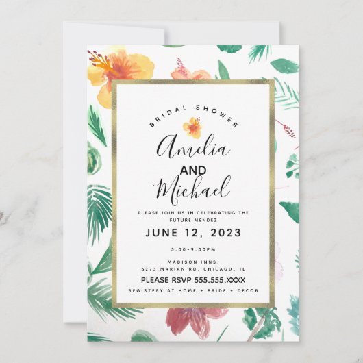 Gele Waterverf Hibiscus en Greenery Bridal Kaart (Voorkant)