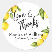 Gele Waterverf Lemon Sprigs Love & Bedankt Ronde Sticker (Voorkant)