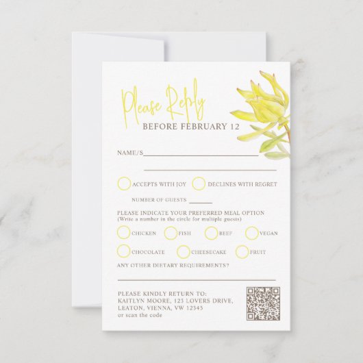 Gele waterverf lente bloem bruiloft QR maaltijden RSVP Kaartje (Voorkant)