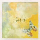 Gele Waterverf Monogram naam Tie Dye Butterfly Glazen Onderzetter (Voorkant)