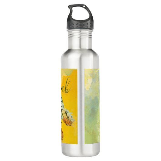 Gele Waterverf Monogram naam Tie Dye Butterfly Waterfles (Achterkant)