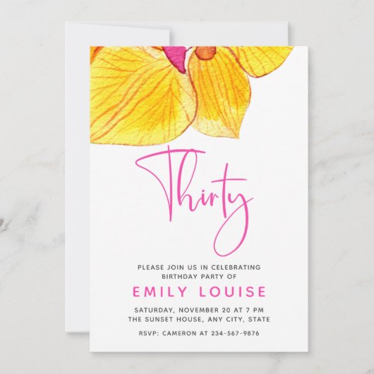 Gele Waterverf Orchids 30e verjaardag Invi Kaart (Voorkant)