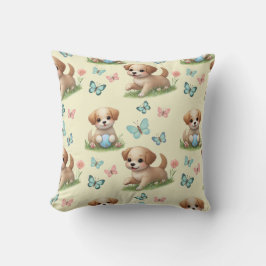 Gele waterverf Puppies en Vlinders Kussen
