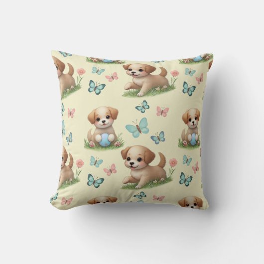  Gele waterverf Puppies en Vlinders Kussen (Voorkant)
