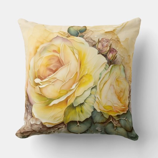 Gele Waterverf Roos Vergroot Kussen (Voorkant)