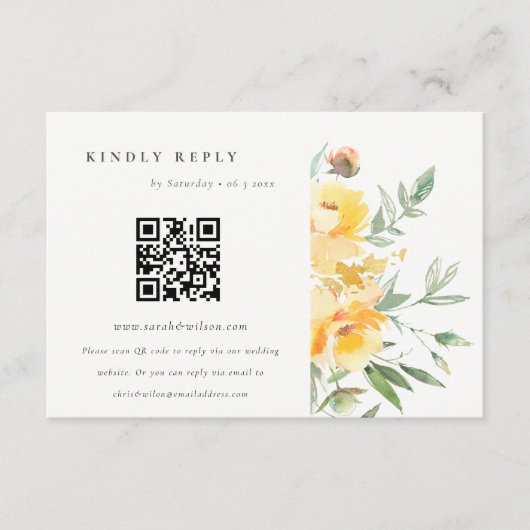 Gele Waterverf Roos Vloerbruiloft QR-code RSVP Informatiekaartje (Voorkant)