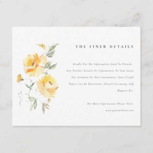 Gele Waterverf Roos Vloerbunch bruiloft Detail Informatiekaartje (Voorkant)