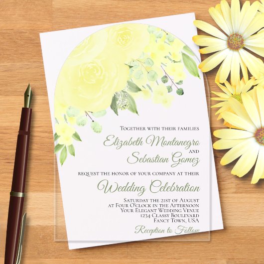 Gele Waterverf Rozen Elegant Boog Huwelijk Acryl Uitnodigingen