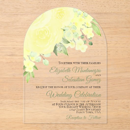 Gele Waterverf Rozen Elegant Boog Huwelijk Acryl Uitnodigingen (Voorkant)