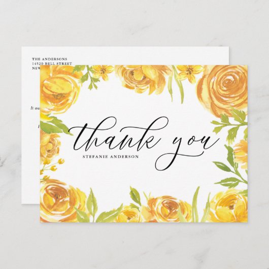 Gele Waterverf Rozen en volken Dank u wel Briefkaart (Voorkant / Achterkant)