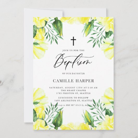 Gele Waterverf Rozen Garland Baptisme Kaart (Voorkant)