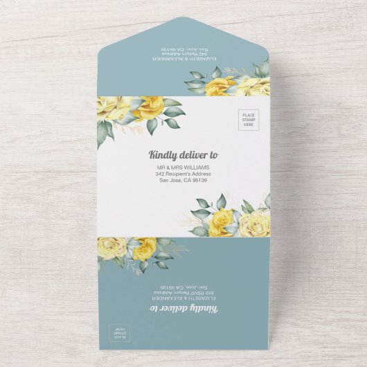 Gele waterverf rozen klassieke groene bruiloft all in one uitnodiging (Buitenkant)