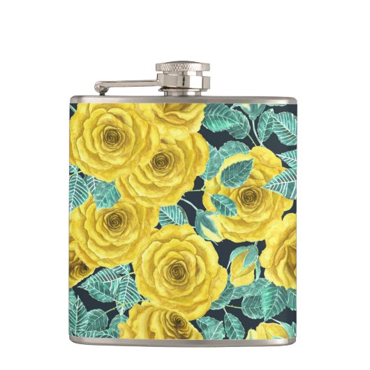 Gele waterverf rozen met bladeren en knoppen heupfles (Voorkant)