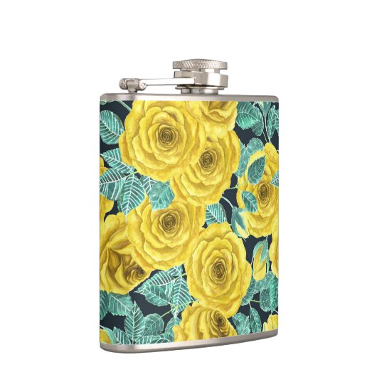 Gele waterverf rozen met bladeren en knoppen heupfles (Rechts)