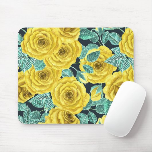 Gele waterverf rozen met bladeren en knoppen muismat (Met muis)