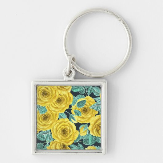 Gele waterverf rozen met bladeren en knoppen sleutelhanger (Voorkant)