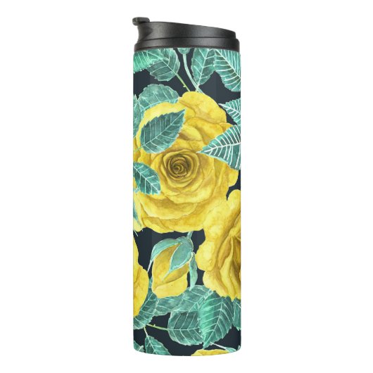 Gele waterverf rozen met bladeren en knoppen thermosbeker (Geroteerd rechts)