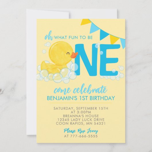 Gele Waterverf Rubber Duck 1e Verjaardagsfeestje Kaart (Voorkant)