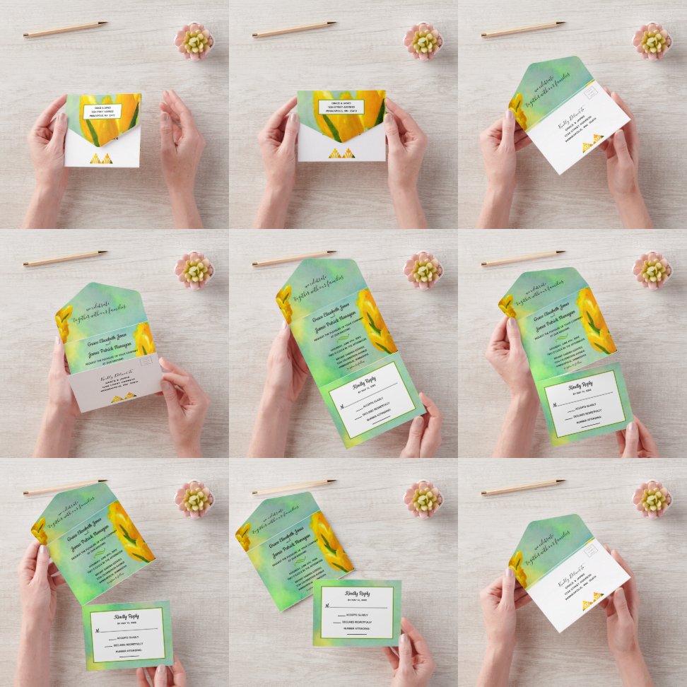 Gele Waterverf tulpen allemaal in één bruiloft All In One Uitnodiging