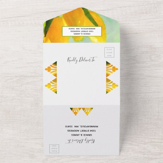 Gele Waterverf tulpen allemaal in één bruiloft All In One Uitnodiging (Buitenkant)