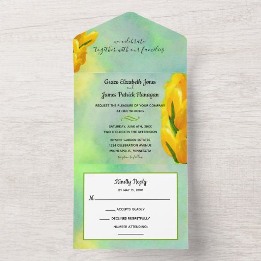 Gele Waterverf tulpen allemaal in één bruiloft All In One Uitnodiging (Binnen)