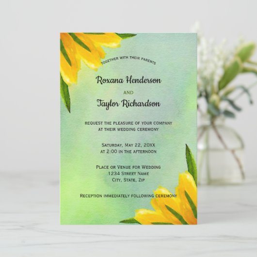 Gele Waterverf Tulps green backdrop Weddenschap Kaart (Staand voorkant)