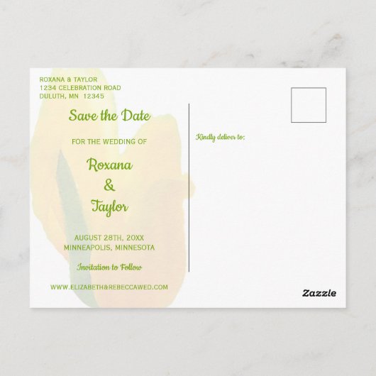 Gele Waterverf Tulps Weddenschap Save the Date Briefkaart (Achterkant)