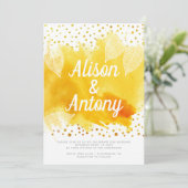 Gele waterverf typografie goudconfetti bruiloft kaart (Staand voorkant)