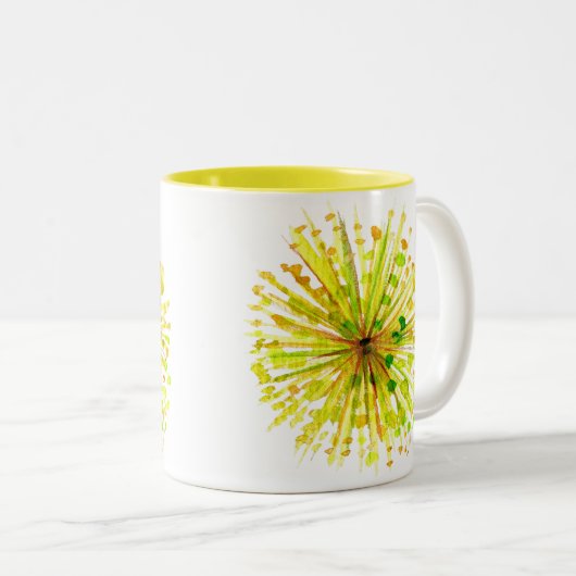 Gele waterverf van wilde bloemen andelion tweekleurige koffiemok (Voorkant rechts)