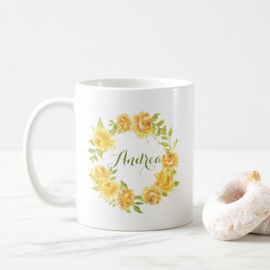 Gele Waterverf Zomerbloemen Krans Script Koffiemok (Met donut)