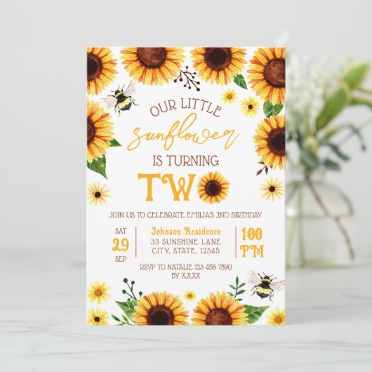 Gele Waterverf Zonnebloem Twee jaar oud Verjaardag Kaart (Staand voorkant)