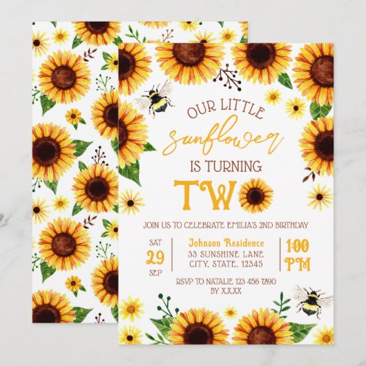 Gele Waterverf Zonnebloem Twee jaar oud Verjaardag Kaart (Voorkant / Achterkant)