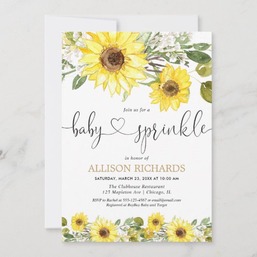 Gele waterverf zonnebloemen baby strooi kaart (Voorkant)