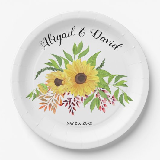 Gele waterverf zonnebloemen bladeren bruiloft papieren bordje (Voorkant)
