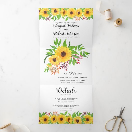 Gele waterverf zonnebloemen bloemenbruiloft drieluik uitnodiging (Binnen)