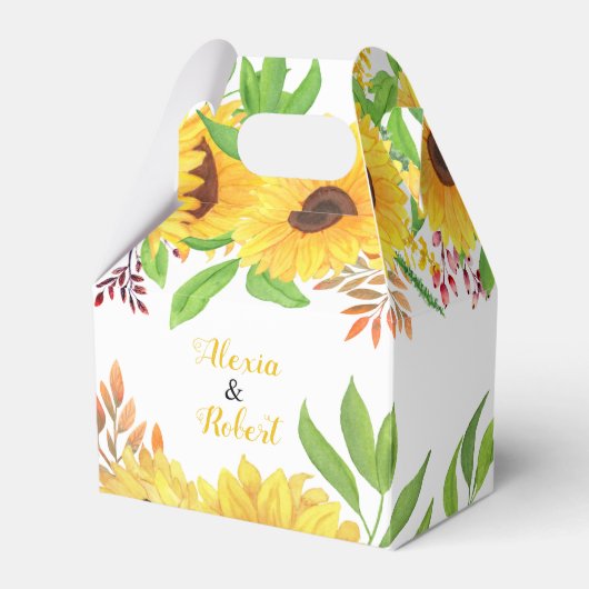 Gele waterverf zonnebloemen en bladeren bruiloft bedankdoosjes (Voorkant Zijde)