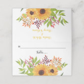 Gele waterverf zonnebloemen en bladeren bruiloft plaatskaartje (Buitenkant ongevouwen)