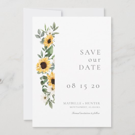 Gele Waterverf Zonnebloemen en Wildflower Wedding Save The Date (Voorkant)