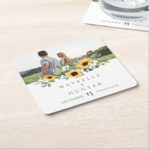 Gele Waterverf Zonnebloemen Foto Save Our Date Kartonnen Onderzetters