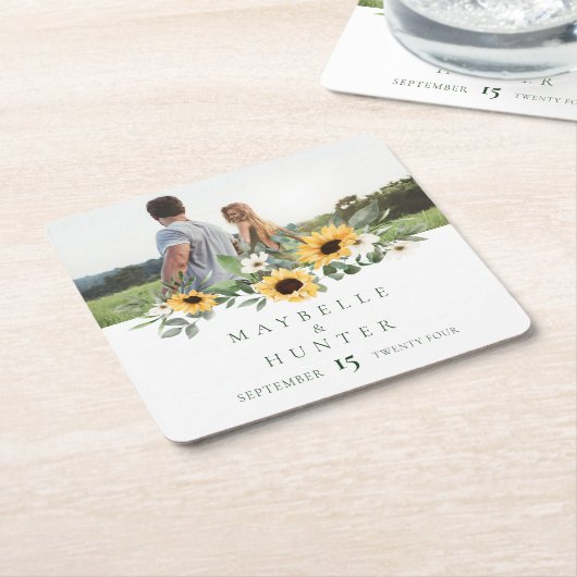 Gele Waterverf Zonnebloemen Foto Save Our Date Kartonnen Onderzetters (Schuin)