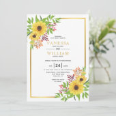Gele waterverf zonnebloemen, gouden lijst bruiloft kaart (Staand voorkant)