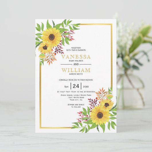 Gele waterverf zonnebloemen, gouden lijst bruiloft kaart (Staand voorkant)
