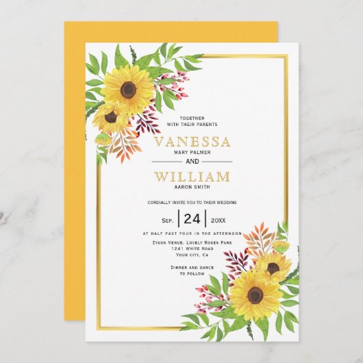 Gele waterverf zonnebloemen, gouden lijst bruiloft kaart (Voorkant / Achterkant)