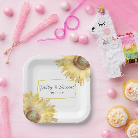 Gele Waterverf Zonnebloemen Papieren Bordje (Feest)